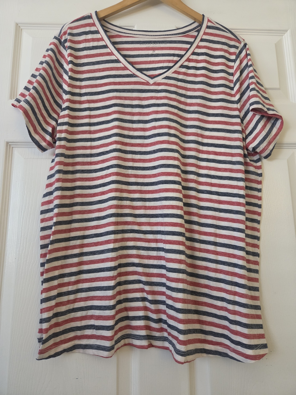 Lucky Brand Women's V-Neck Short Sleeve Striped Tee in Red, Navy & White